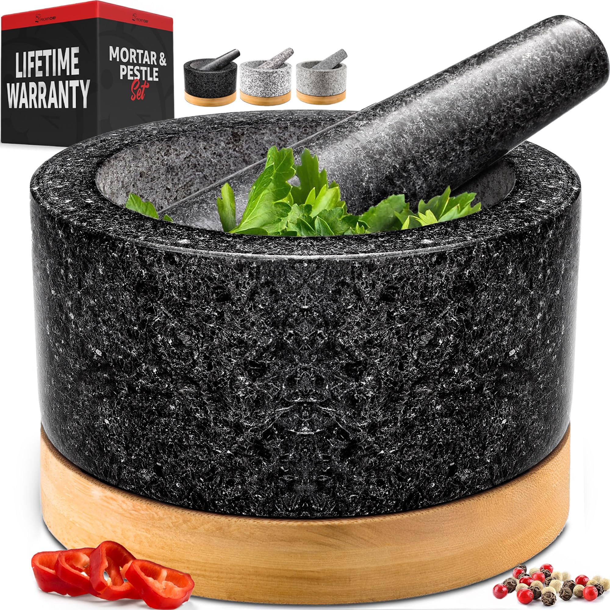 PriorityChef heavy duty mortar and pestle with bamboo base for quick, flavorful spice blends.