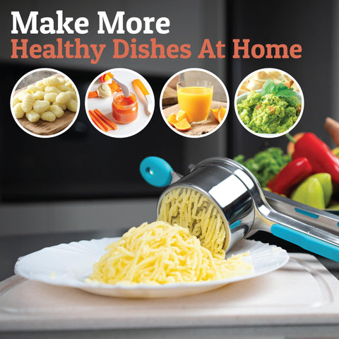 In-use shot of PriorityChef ricing mashed potatoes