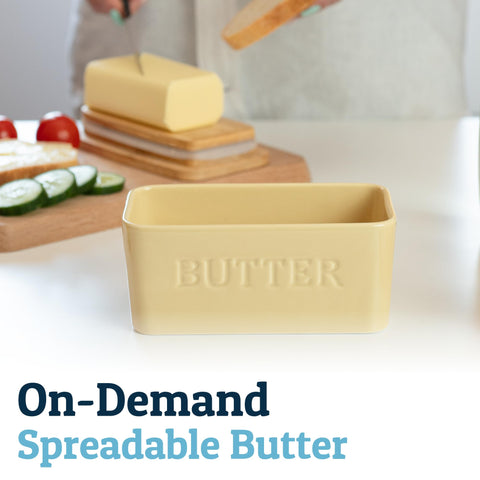 Priority Chef khaki-colored butter dish adds warm tone to kitchen surfaces.