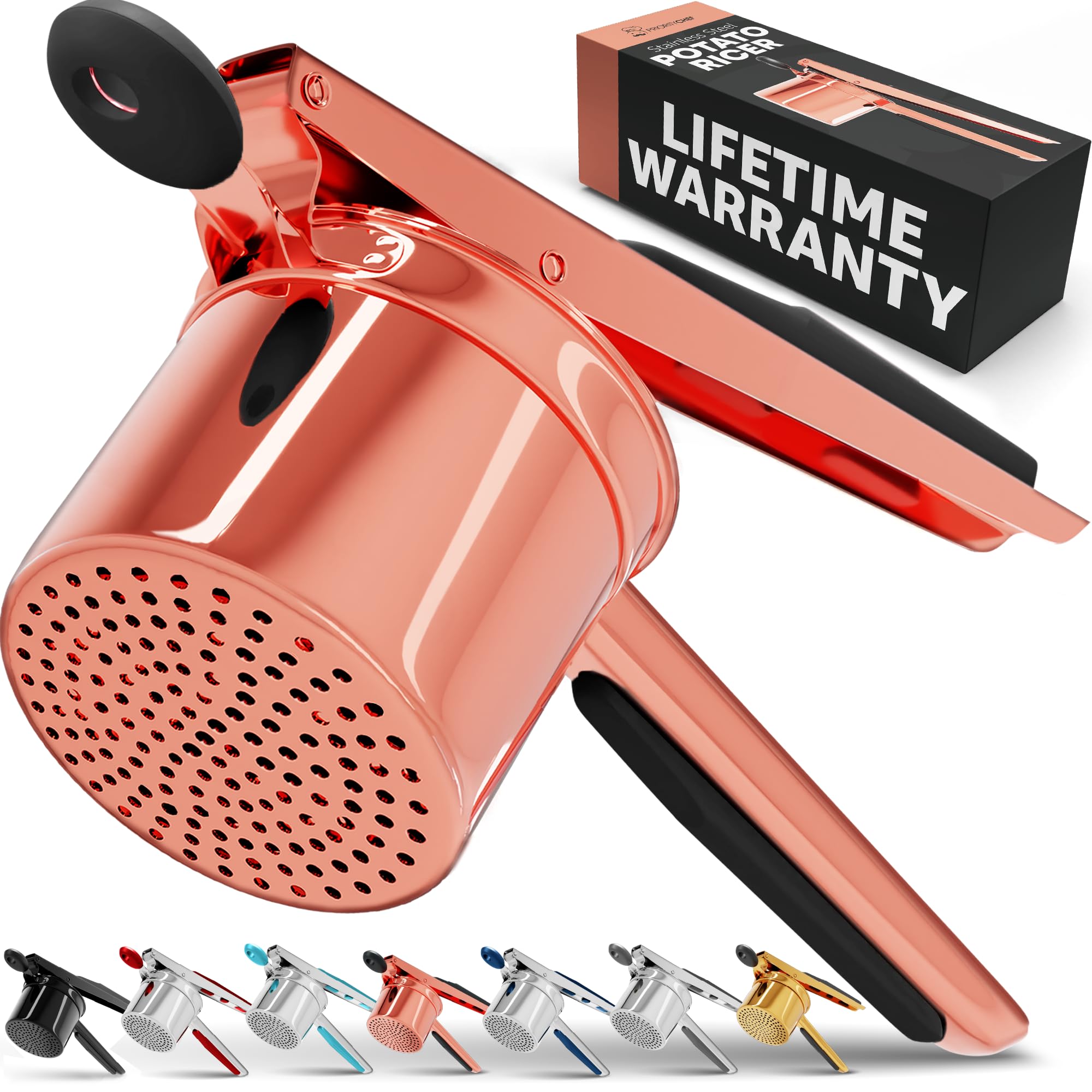 PriorityChef large 15oz potato ricer full product shot with rose gold accents and black grip.