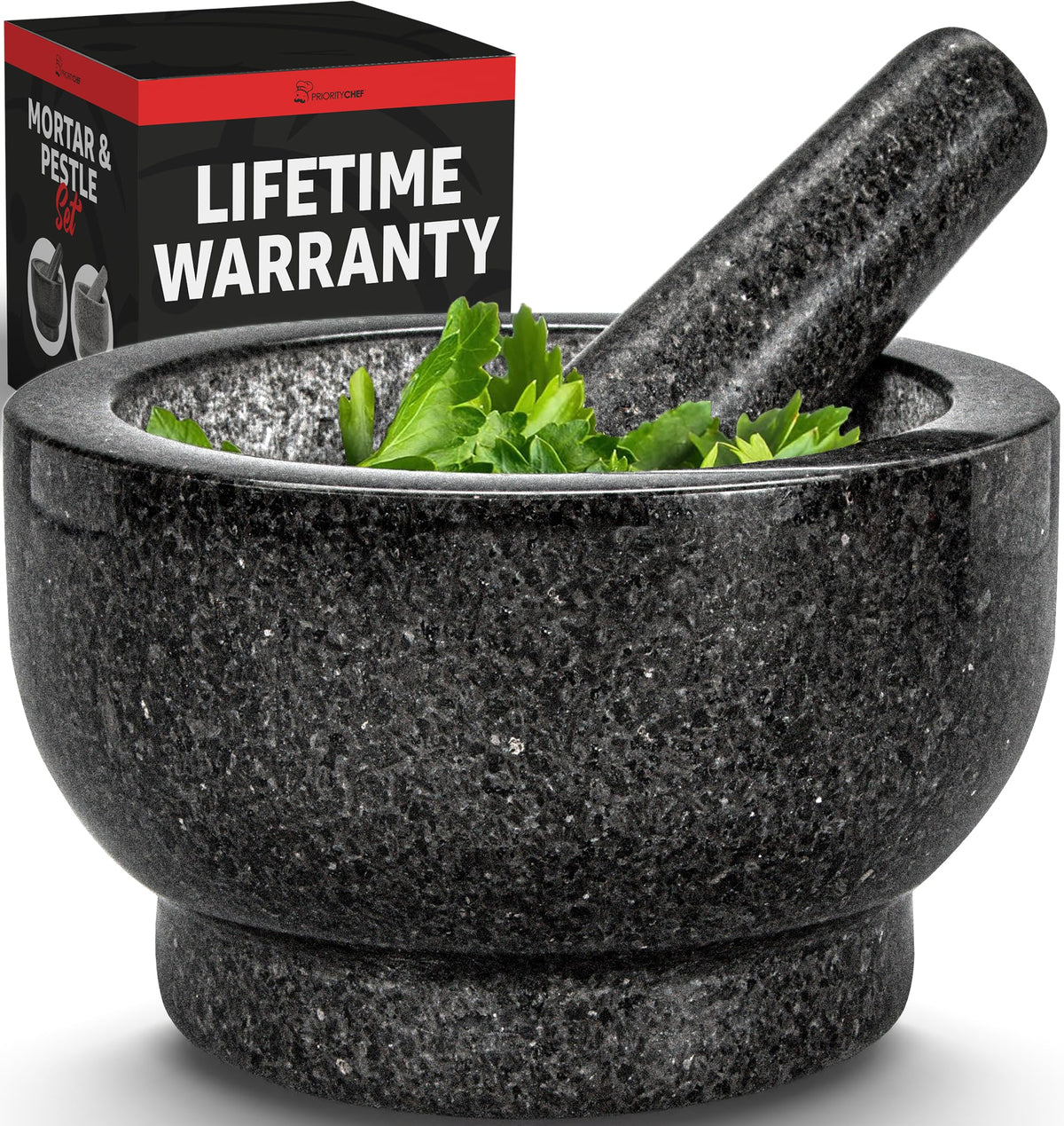 PriorityChef large granite mortar and pestle on a clean countertop ready for use