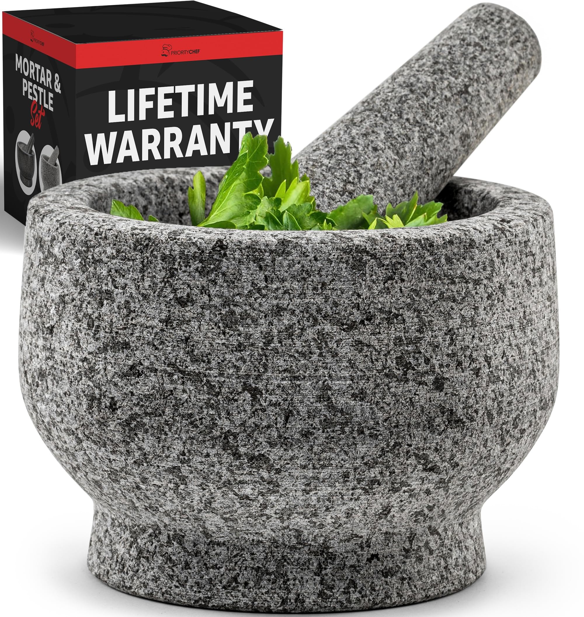 PriorityChef mortar and pestle grey set on countertop ready for fresh sauces.