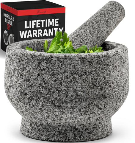PriorityChef mortar and pestle grey set on countertop ready for fresh sauces.