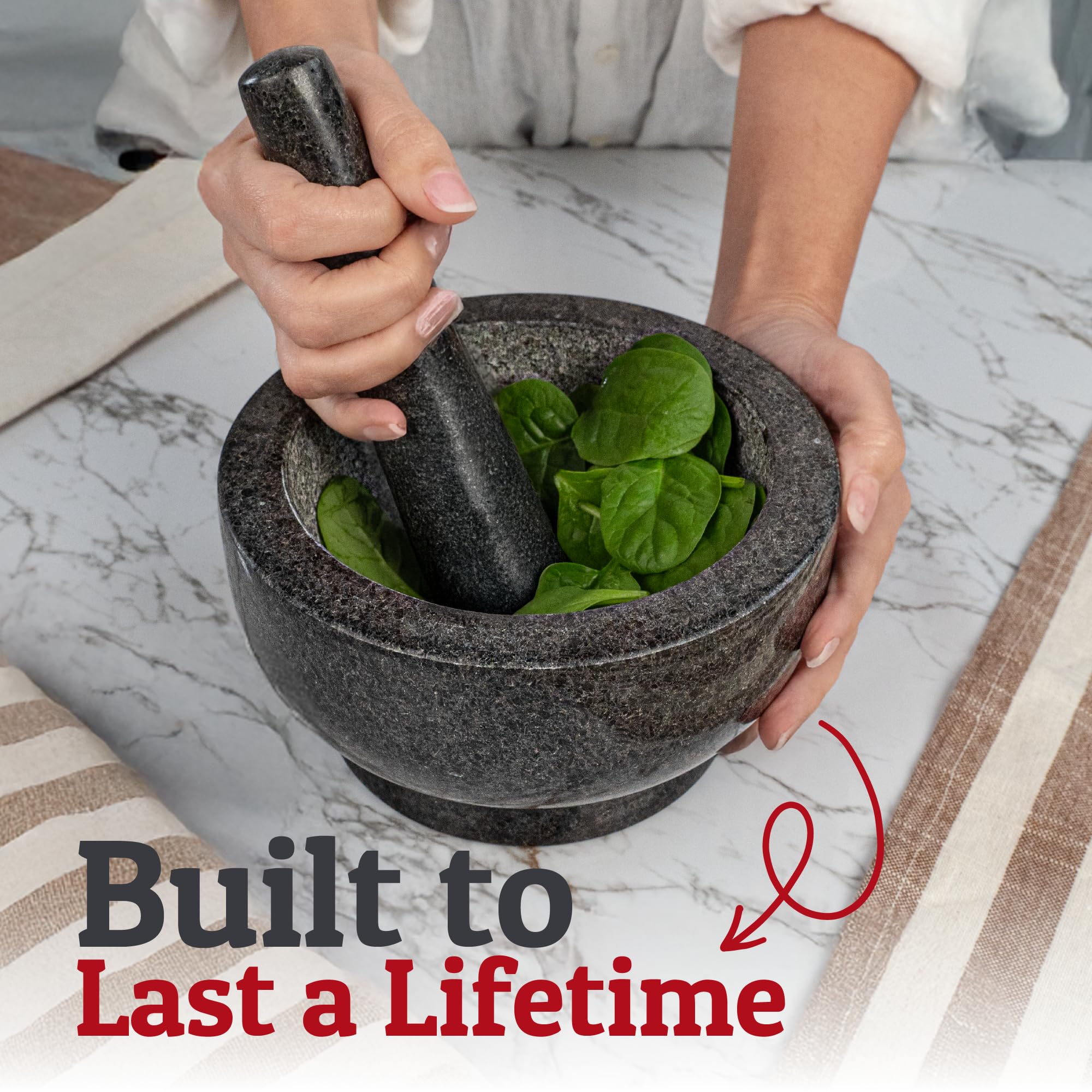PriorityChef granite mortar in action grinding herbs to release fresh aromas