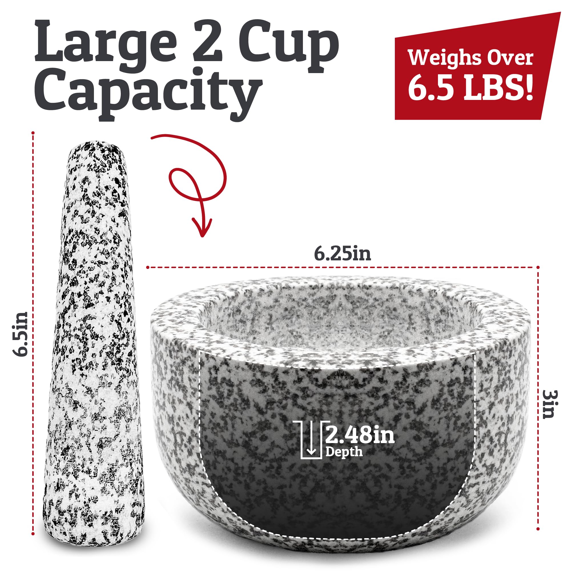 Side view of the heavy white granite mortar showing durability.