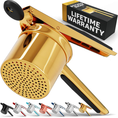 PriorityChef potato ricer in gold and black with deep basket for fluffy mash