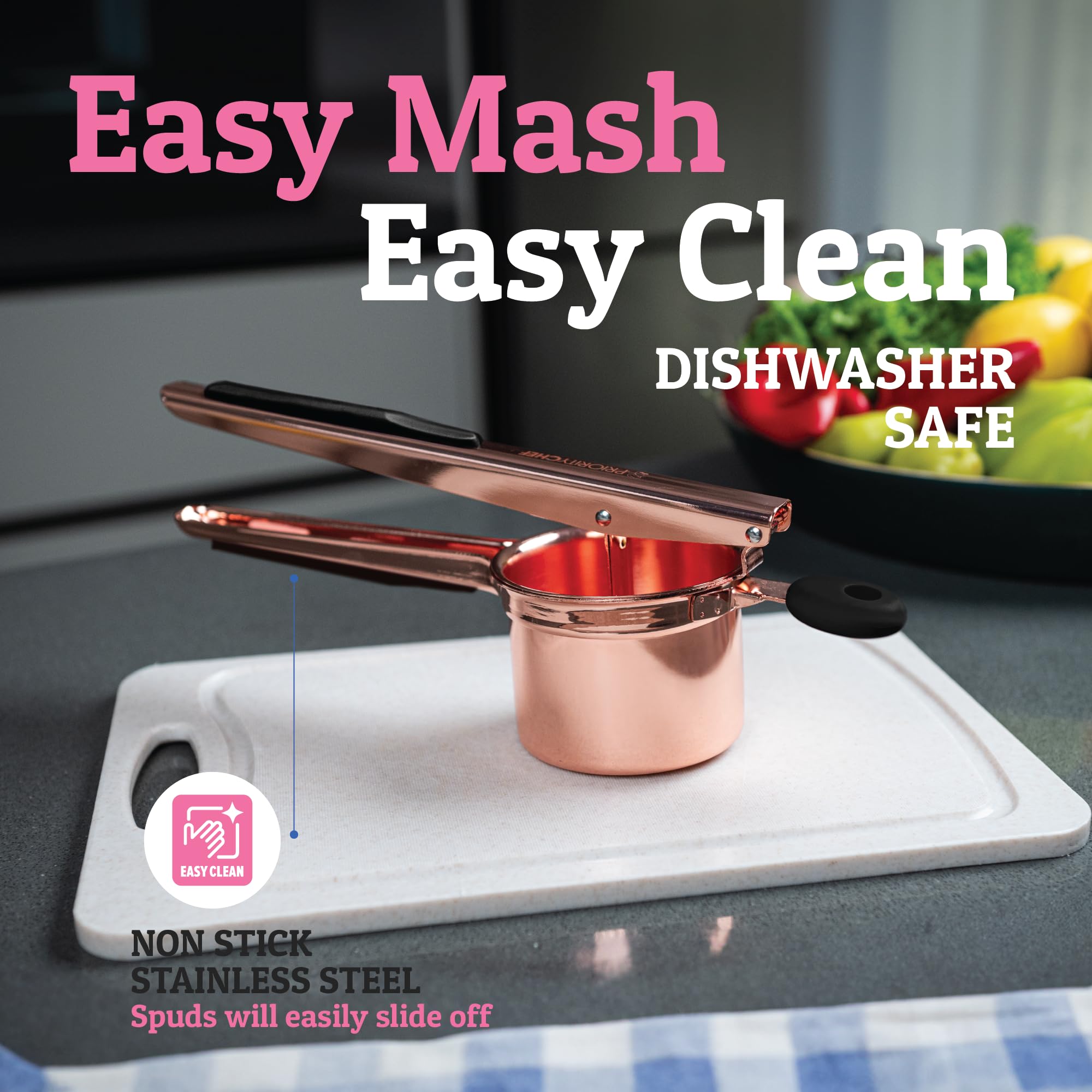 PriorityChef ricer in use mashing potatoes for fluffy results.