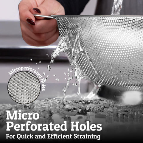 PriorityChef Premium 5Qrt colander elevated base keeps water away from food and surfaces.