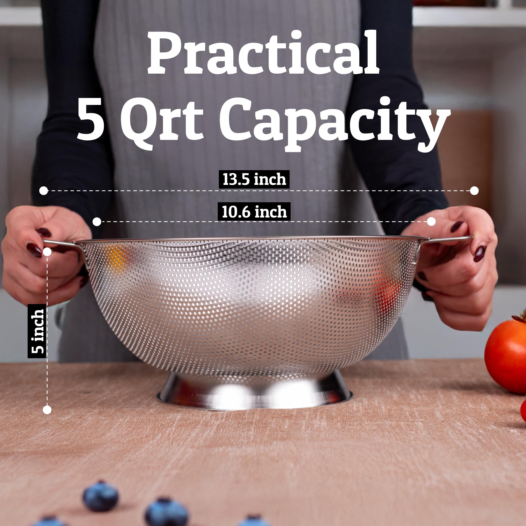 PriorityChef Premium 5Qrt colander rust-resistant stainless steel for durable kitchen use.