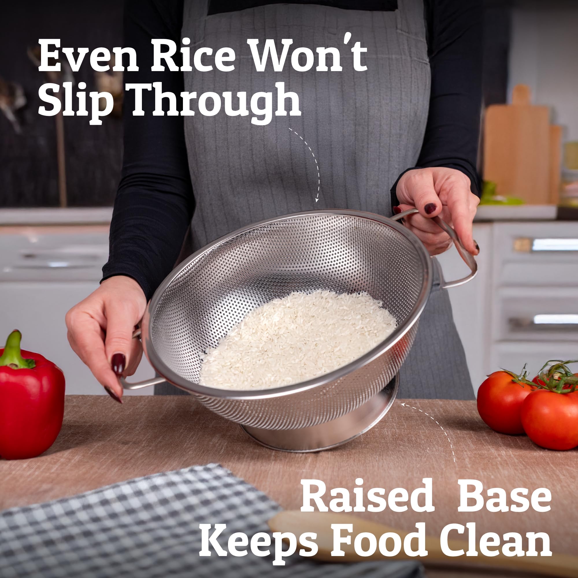 Priority Chef raised-base colander keeps foods away from surfaces while draining