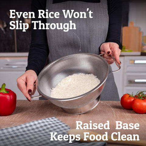Priority Chef raised-base colander keeps foods away from surfaces while draining