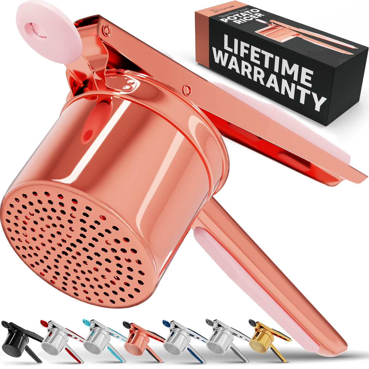 PriorityChef rose-gold potato ricer with 15oz basket for silky mashed potatoes