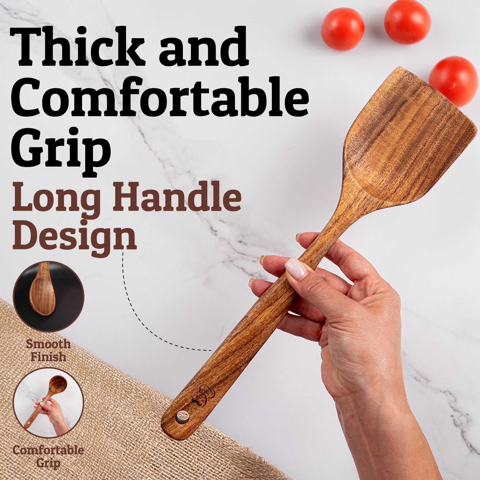 PriorityChef teak mixing spoon offers balanced grip for stirring sauces and soups.