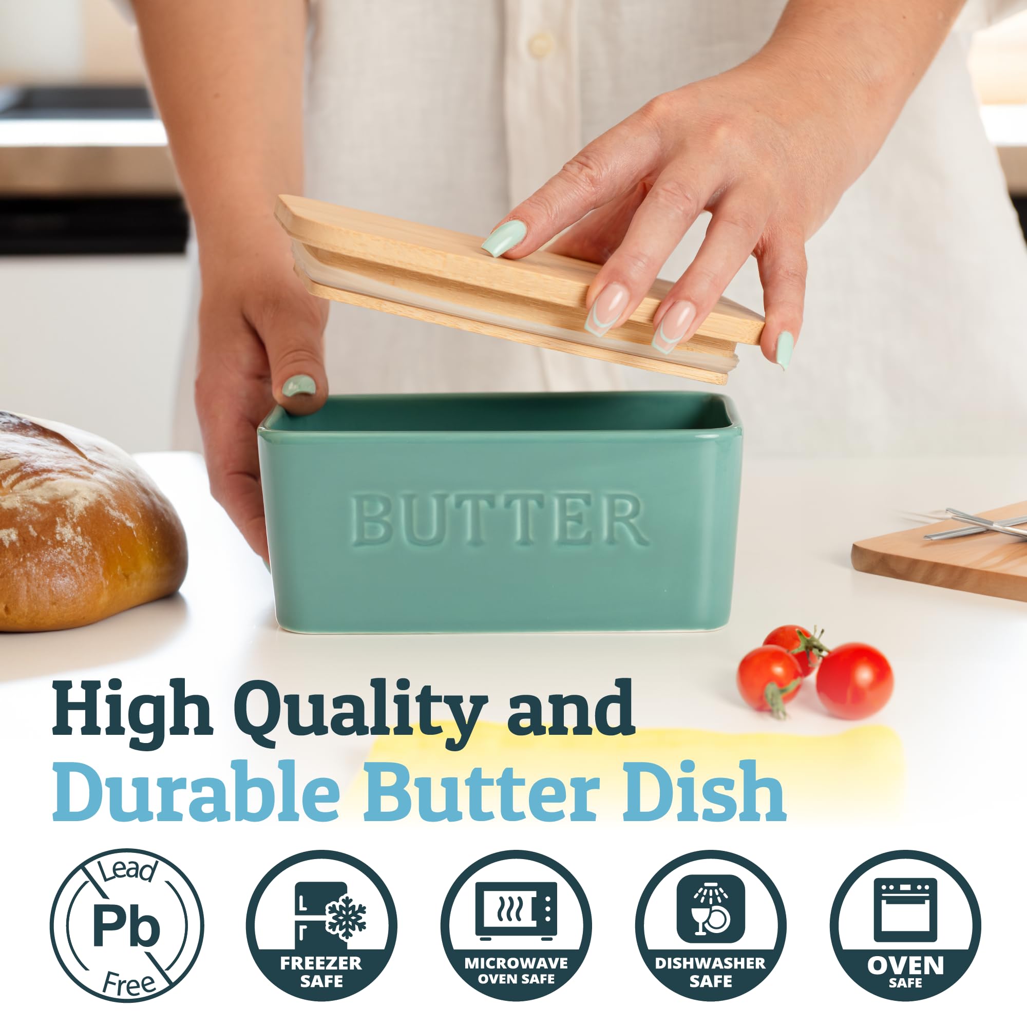 Priority Chef turquoise ceramic butter keeper fits fridge storage smoothly.