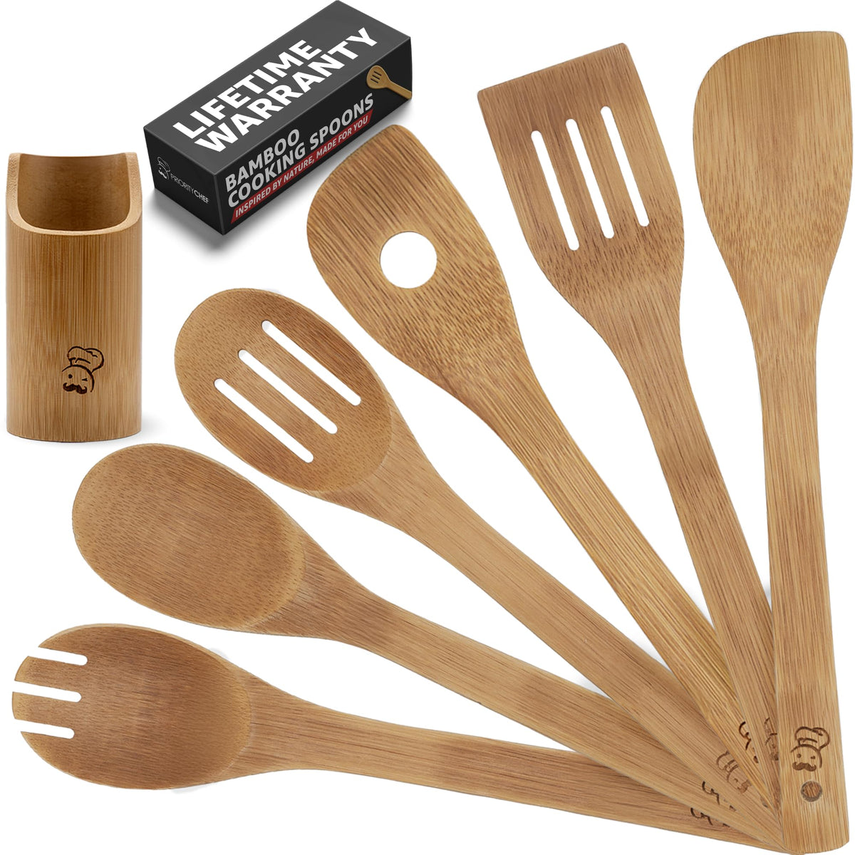 Priority Chef wooden spoon set 6pc displayed in holder for easy kitchen prep