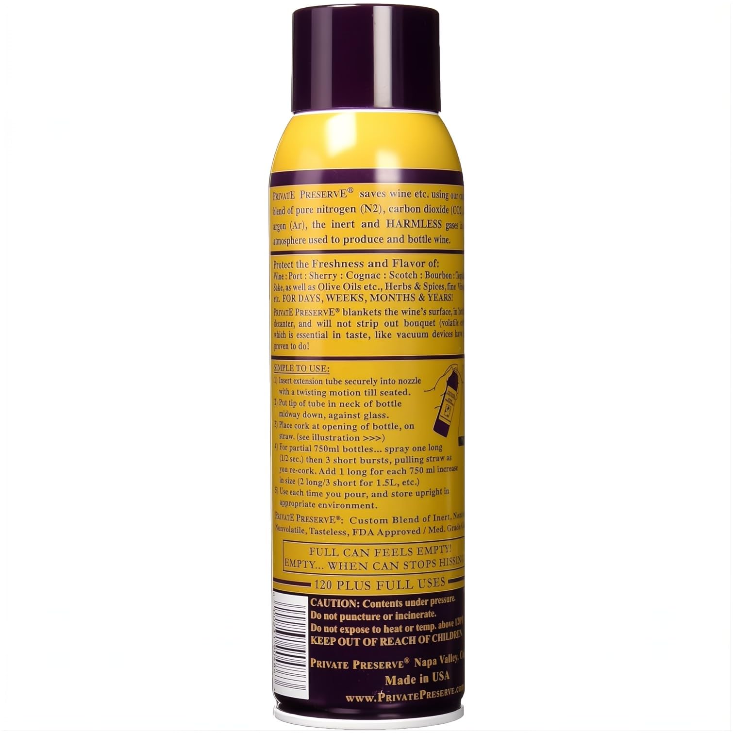 Private Preserve inert gas canister highlights safe, inert gas for oxidation protection.