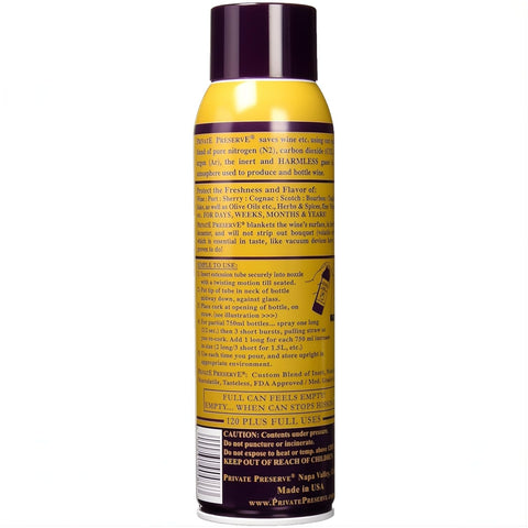 Private Preserve inert gas canister highlights safe, inert gas for oxidation protection.