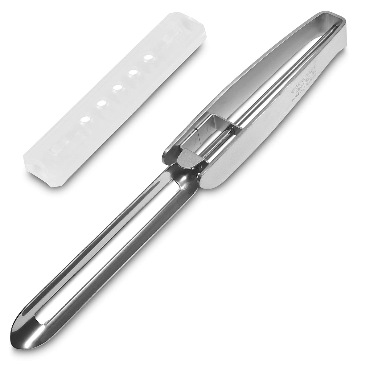 Product of Gifu Japan stainless steel peeler in use for efficient peeling