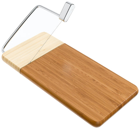 Prodyne bamboo cheese slicer on a two-tone board for precise slices