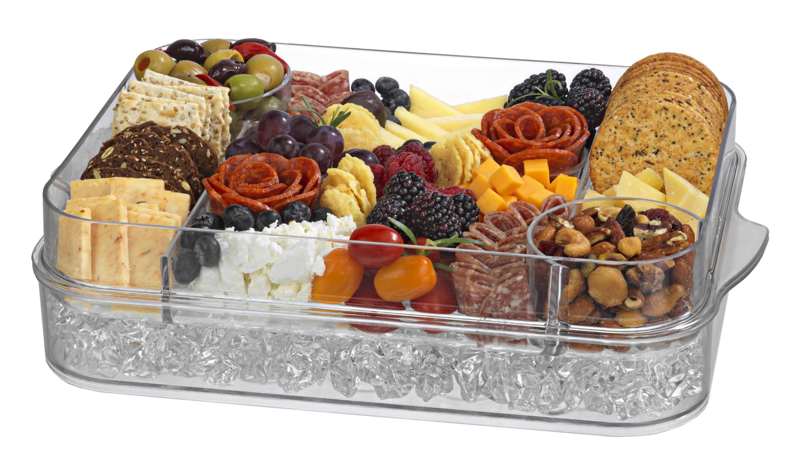 Prodyne Charcuterie On Ice top view shows organized meats and cheeses.