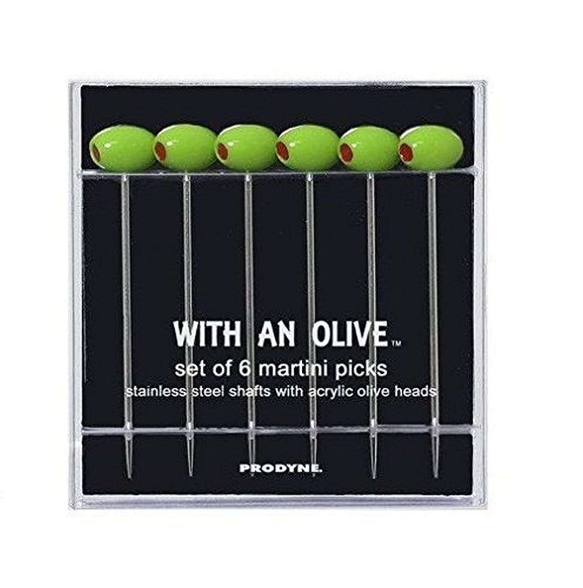 Prodyne cocktail picks with green acrylic olive head for stylish garnishes.