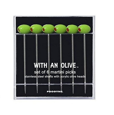 Prodyne cocktail picks with green acrylic olive head for stylish garnishes.