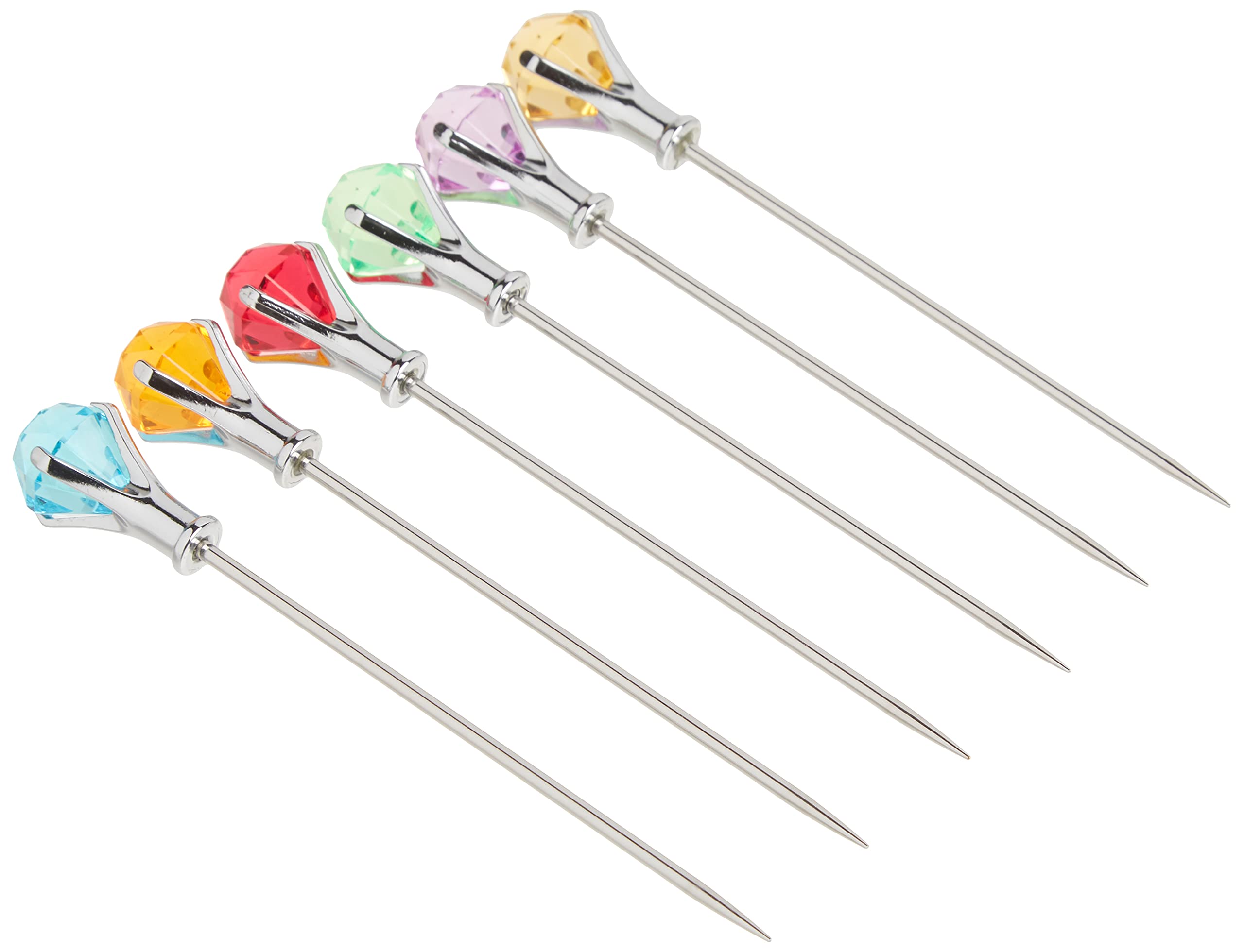 Prodyne DM-6-C colorful diamond-head martini picks securely garnish olives.