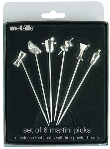 Prodyne martini picks gift-ready with stainless shafts and decorative heads.