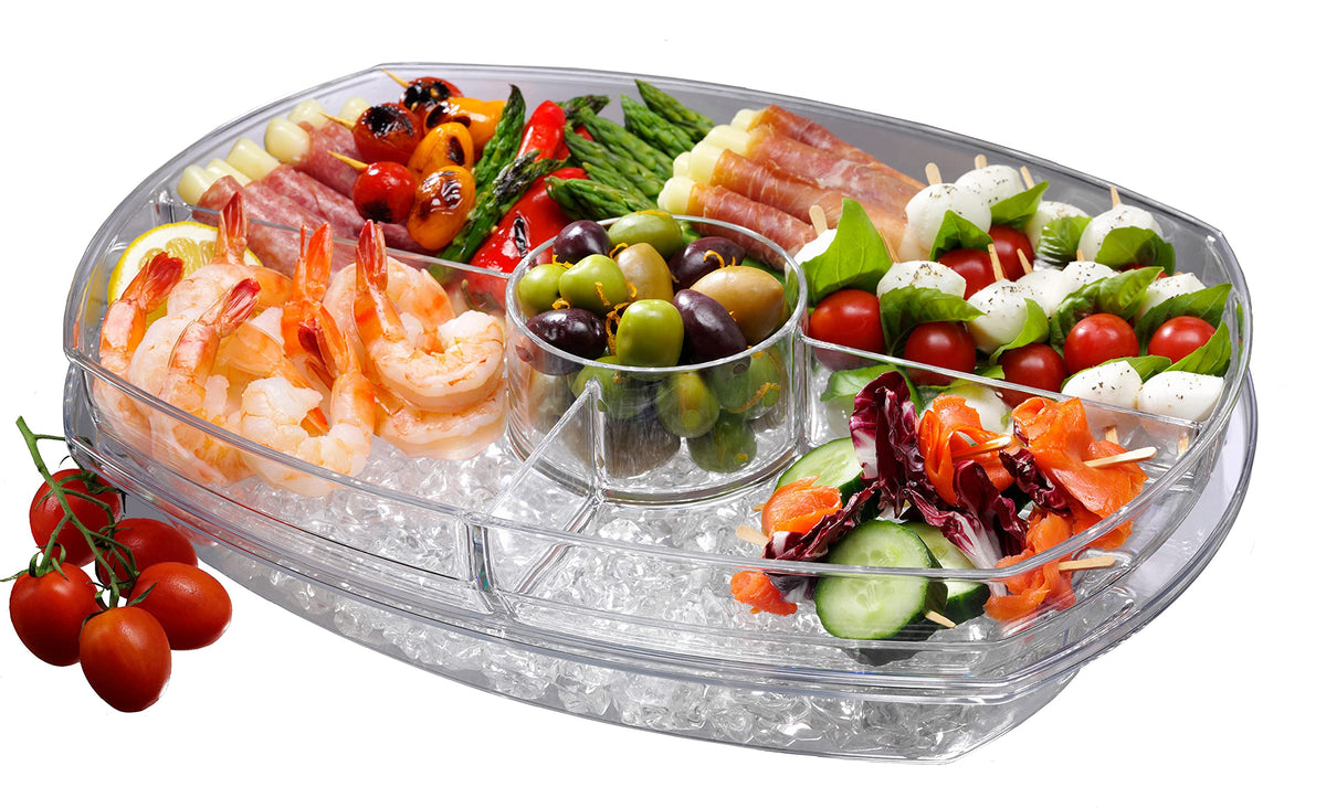 Prodyne SB-5 flip-lid on-ice base keeps appetizers cool during service