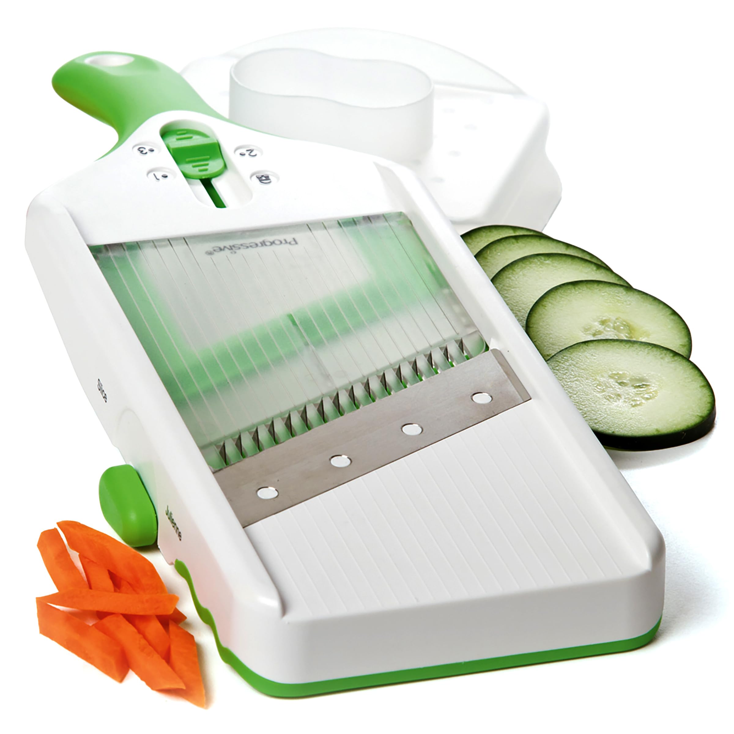 Progressive PrepSolutions Adjust-A-Slice Mandoline over a bowl for even slices