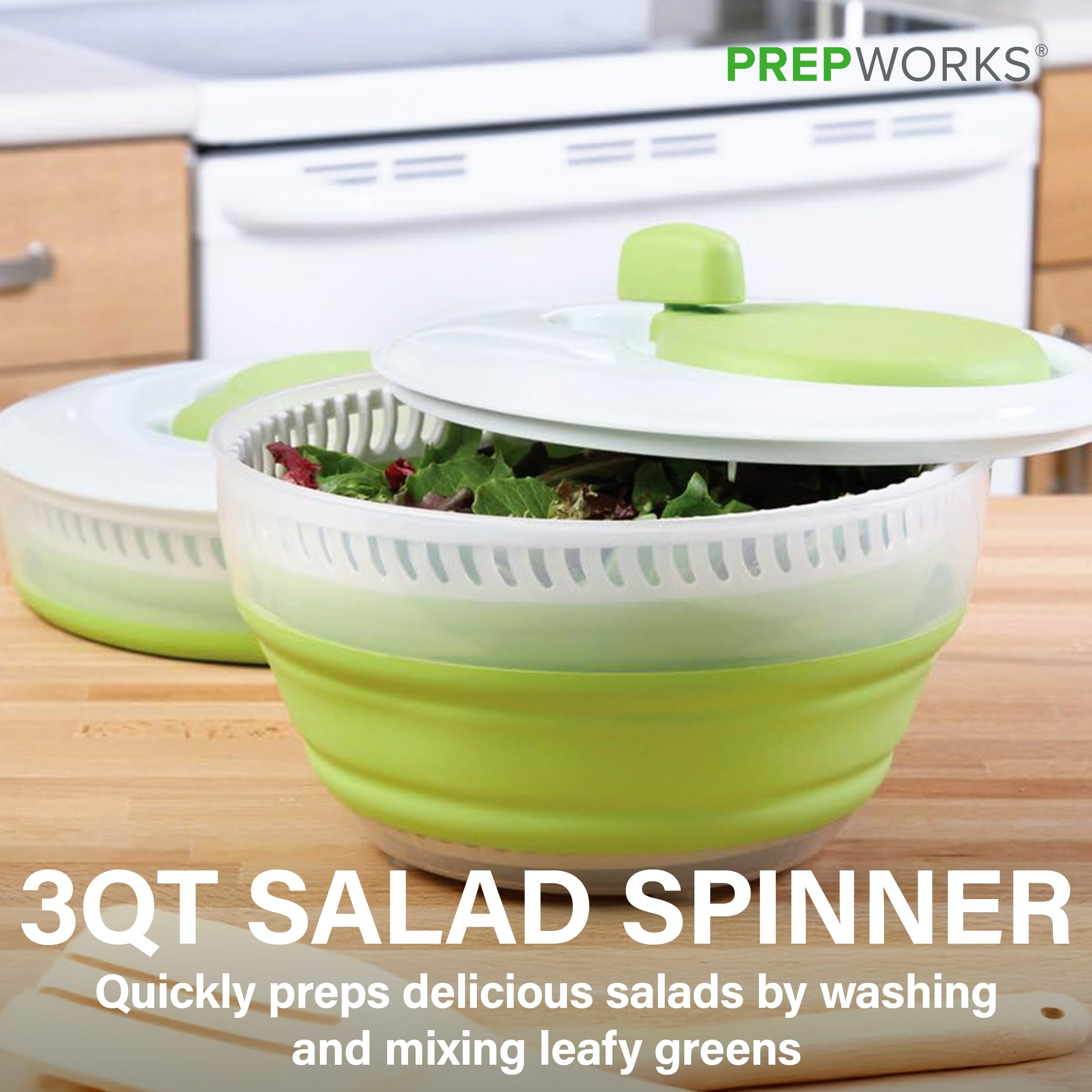 Progressive PrepWorks salad spinner with folding handle for compact storage after use.