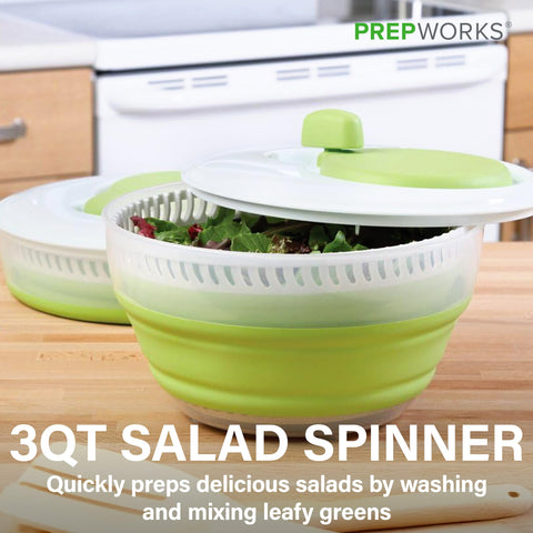 Progressive PrepWorks salad spinner with folding handle for compact storage after use.