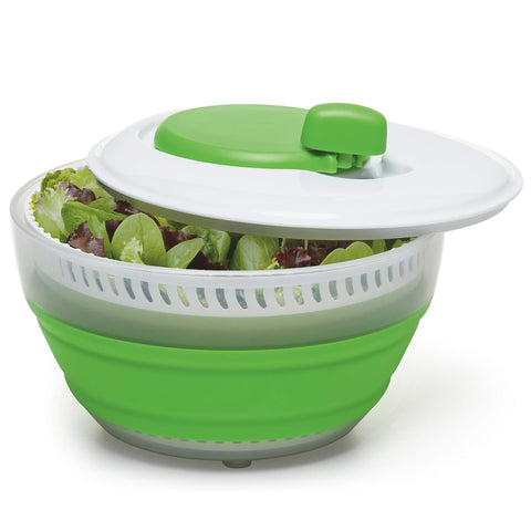 Progressive PrepWorks 3 Qt collapsible salad spinner shows space-saving design for compact kitchens.
