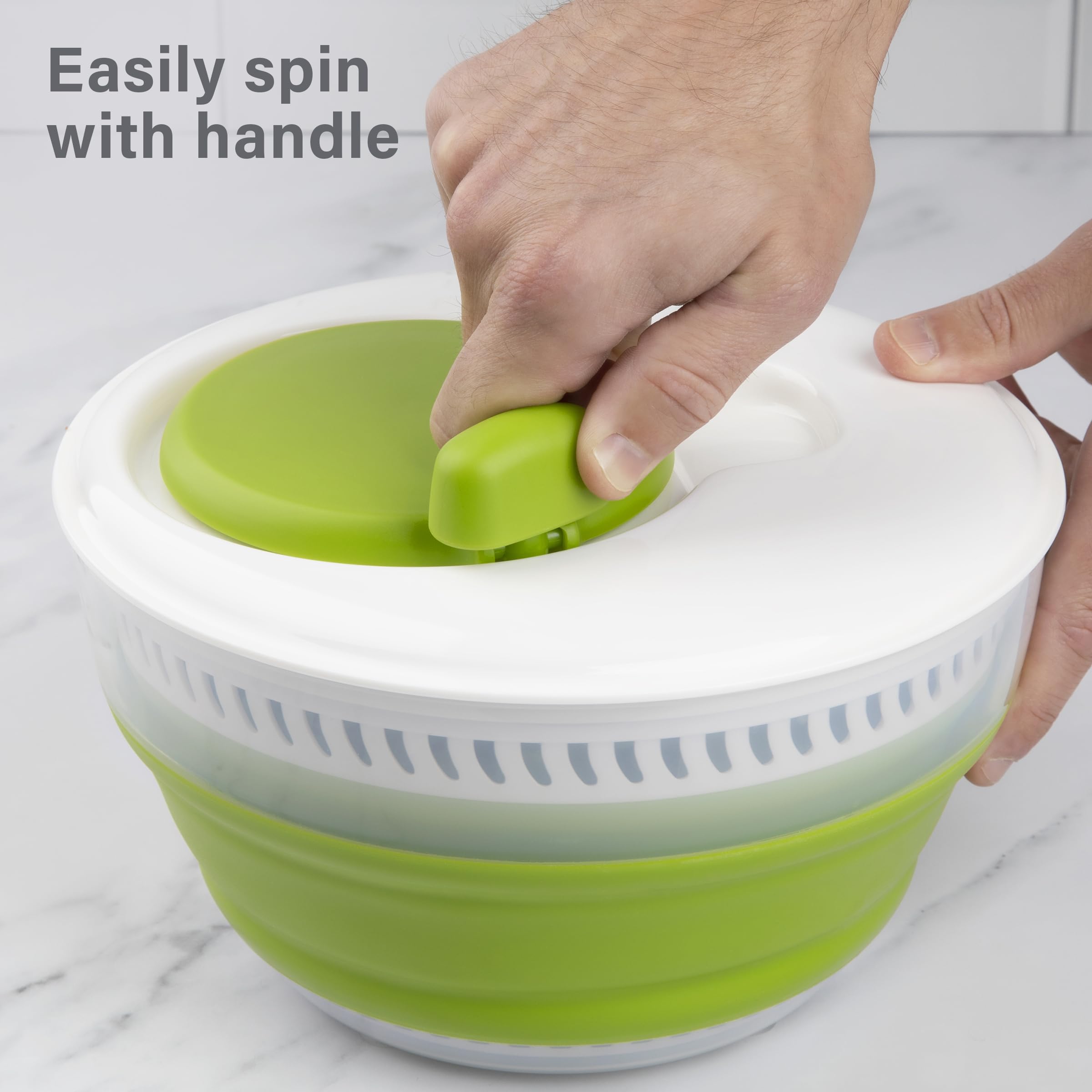 Progressive PrepWorks spinner with flat lid enables stacking with other dishes.