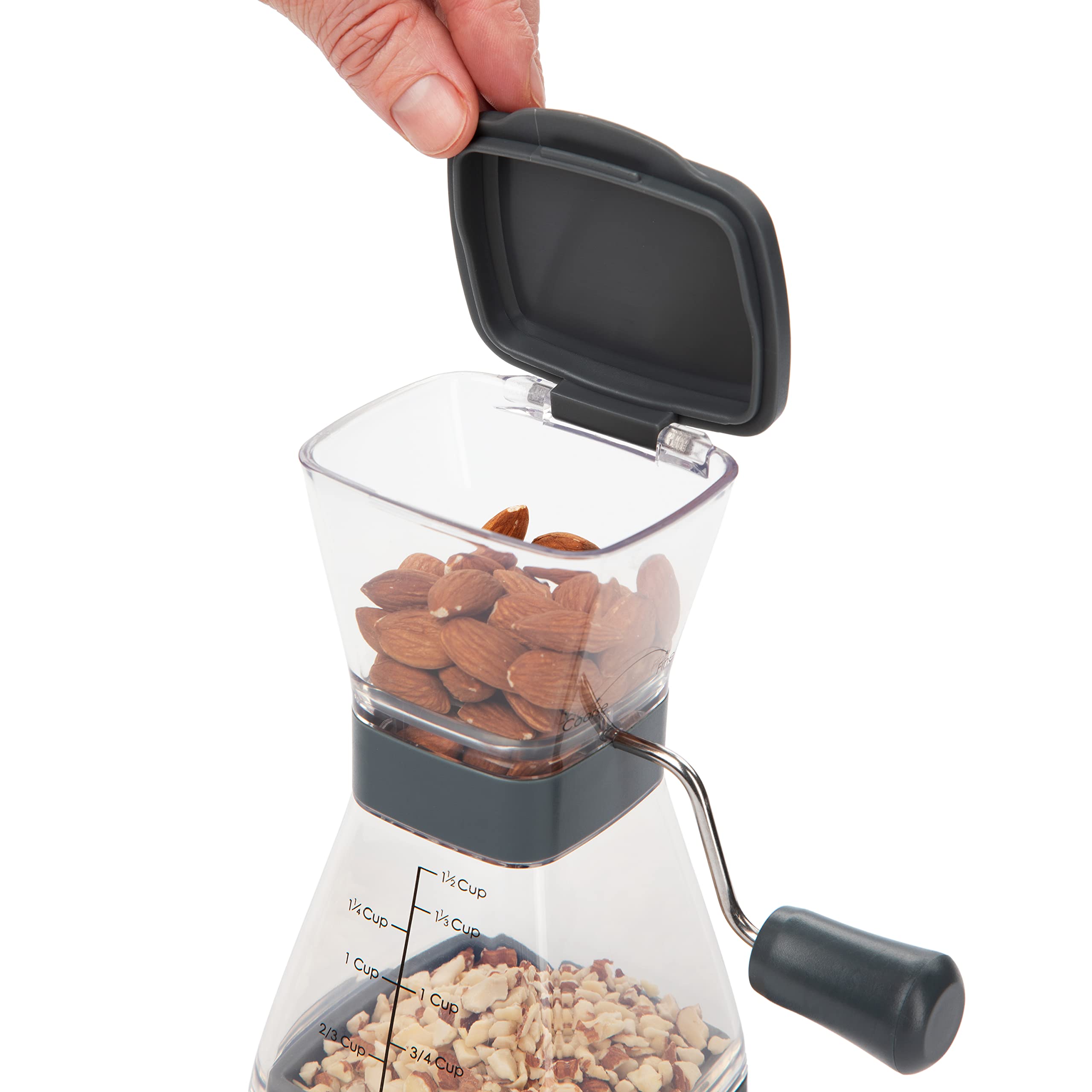 Progressive Prepworks Nut Chopper ergonomic handle shows adjustable grind for fine or coarse results
