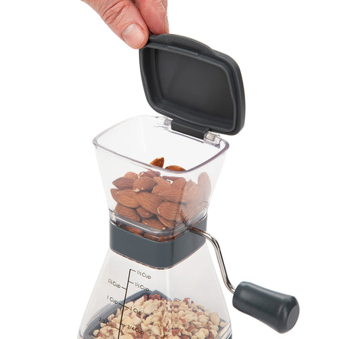 Progressive Prepworks Nut Chopper ergonomic handle shows adjustable grind for fine or coarse results