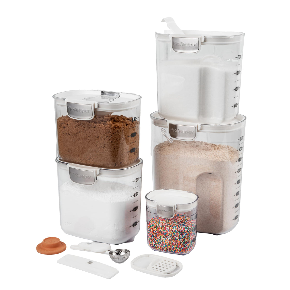 ProKeeper+ Flour Keeper with clear view and built-in magnetic leveler for precise measuring.