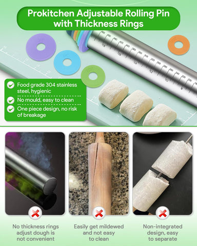 PROKITCHEN rolling pin with detachable thickness rings for even dough thickness.