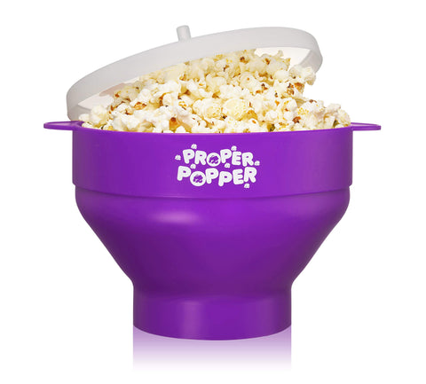 PROPER POPPER microwave popcorn maker in purple ready for quick movie night