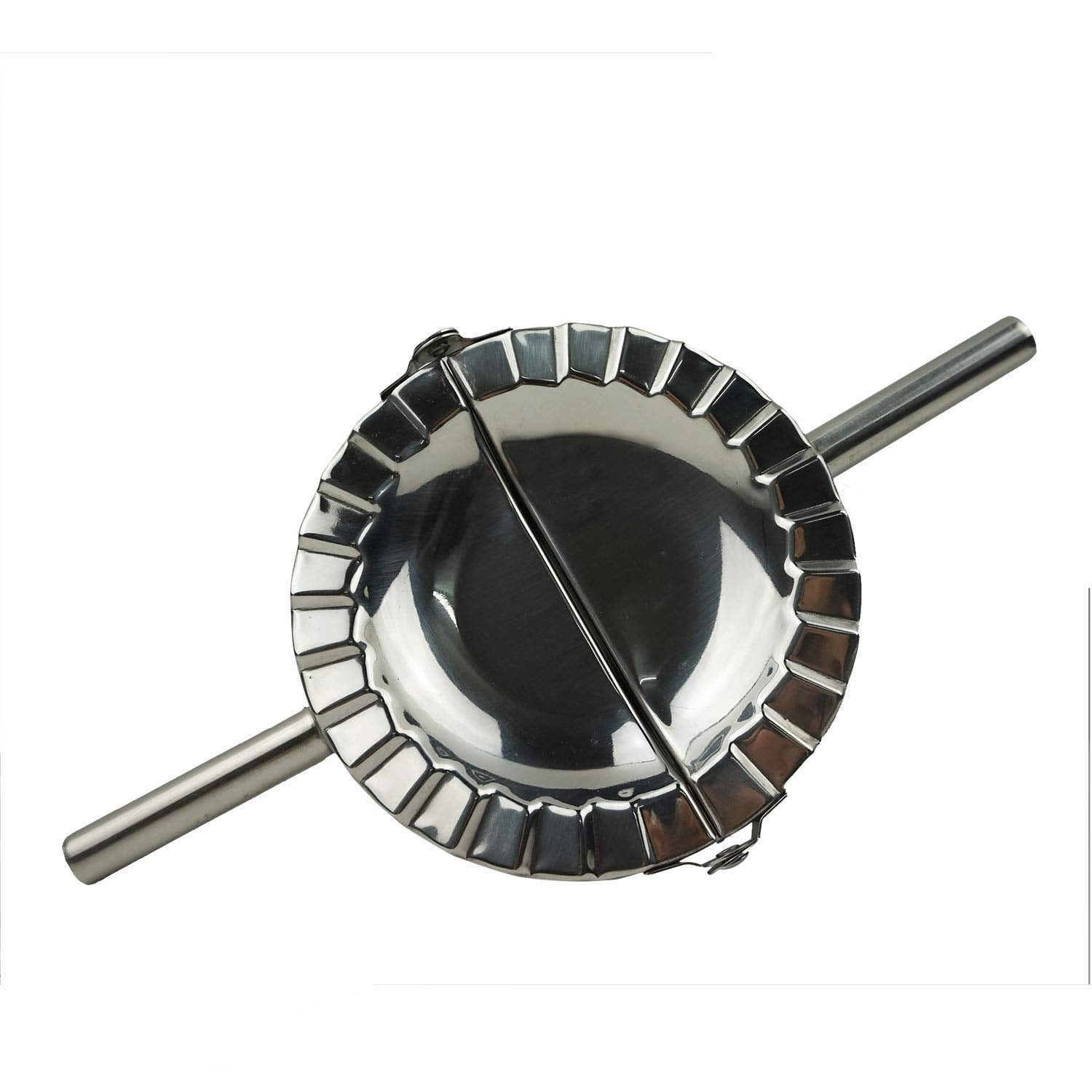 Proshopping XL dumpling maker close-up highlighting the polished stainless steel for clean crimping.