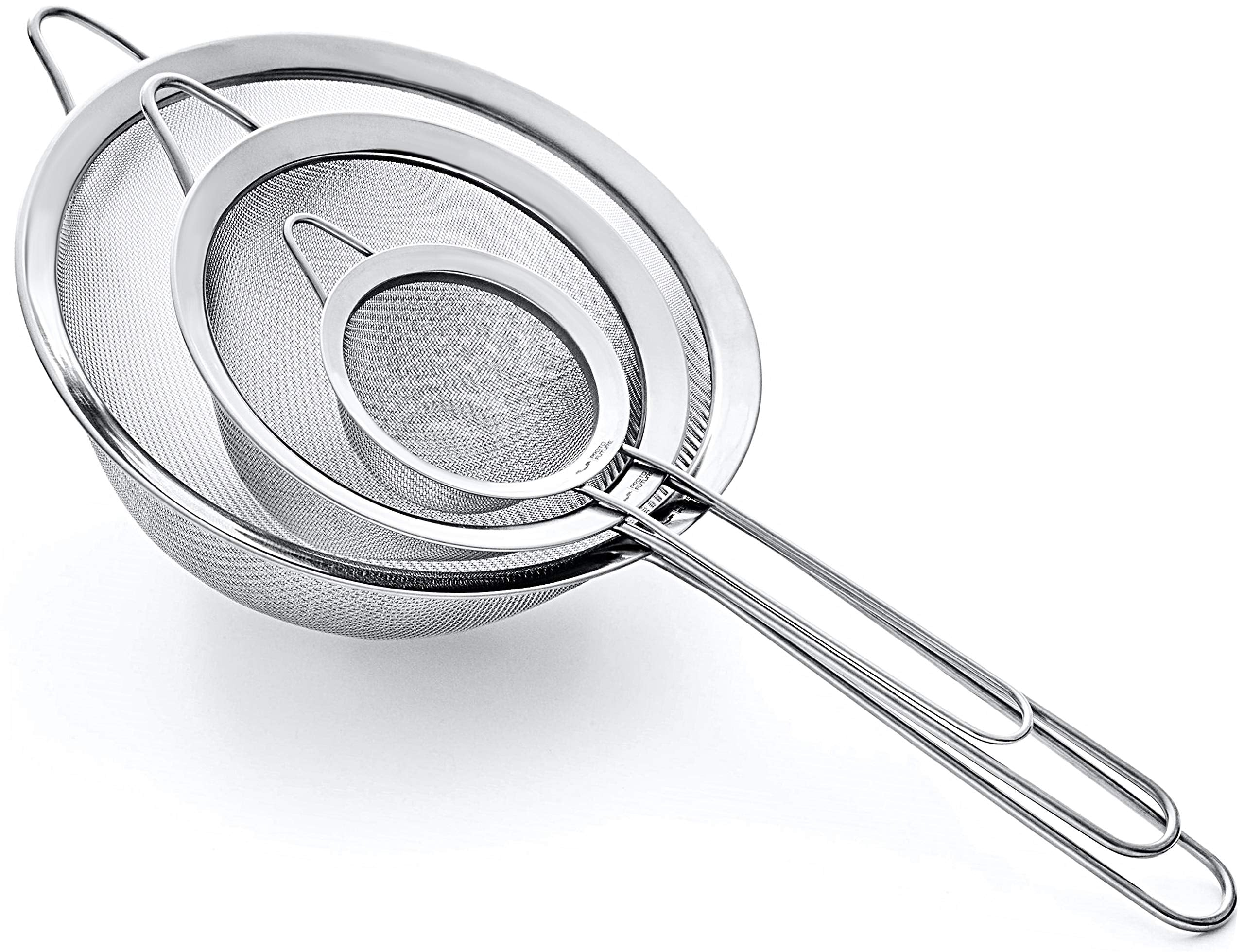 Proto Future 8in fine-mesh strainer for efficient pasta and veggie rinsing