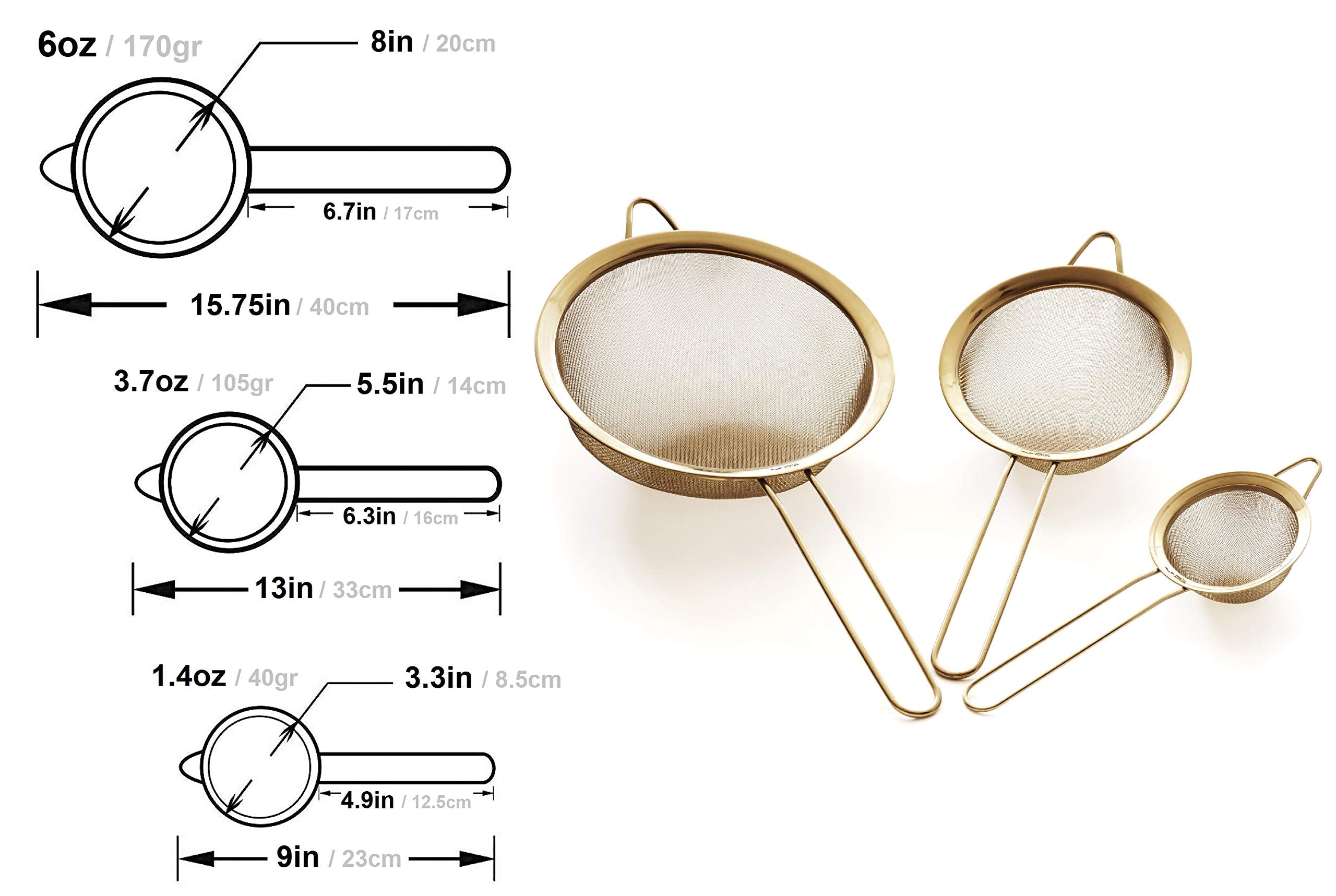 Proto Future strainers feature sturdy handles and a hanging design for storage.