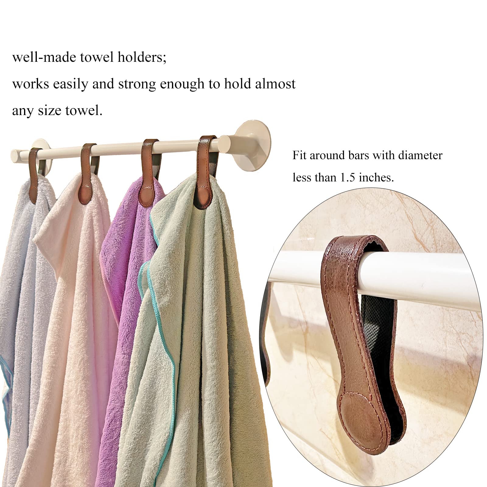 Prriudy brown leather towel clip on a towel rack in use