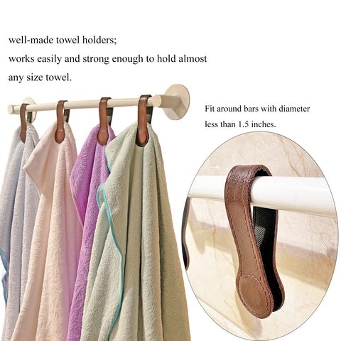 Prriudy brown leather towel clip on a towel rack in use