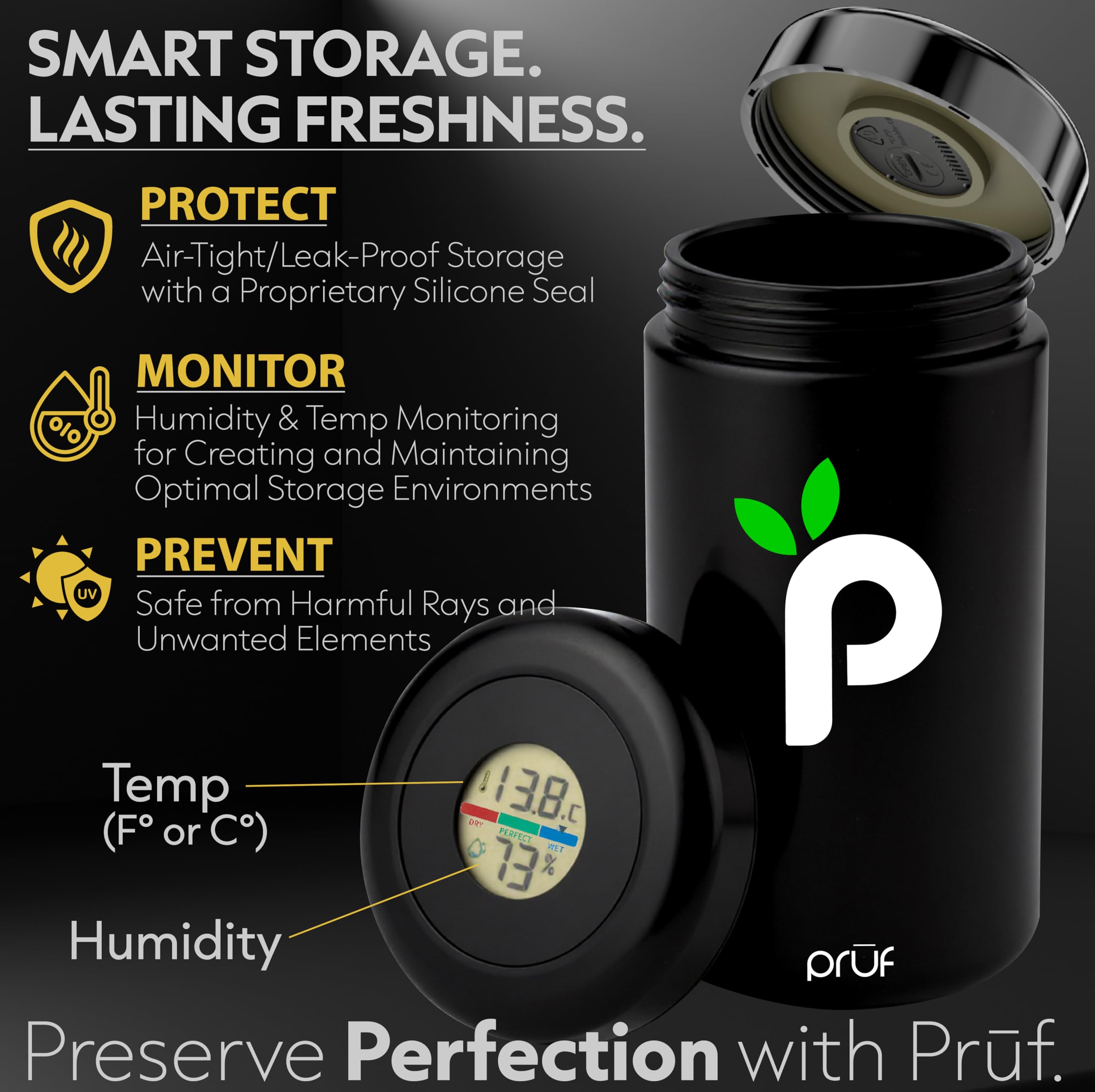 Prūf Jar includes two Boveda packs for automatic humidity balance