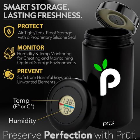 Prūf Jar includes two Boveda packs for automatic humidity balance