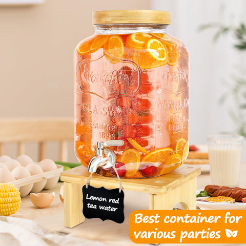 PSUTBPAT glass beverage dispenser showcased on a wood stand for stylish table presentation