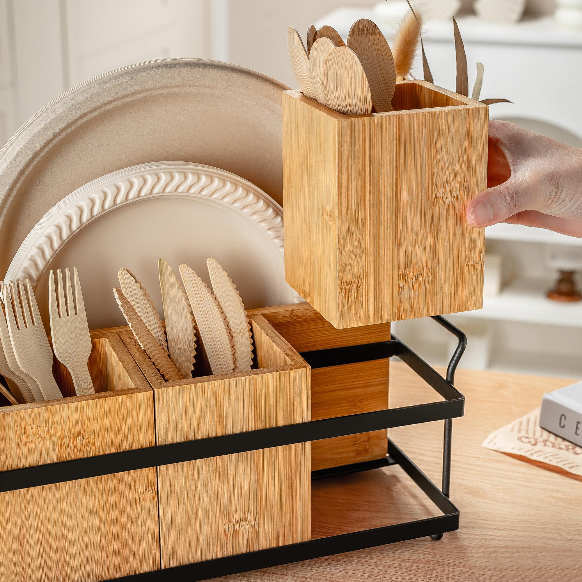 PTSTING kitchen countertop organizer keeps remote, pens, and utensils within reach.