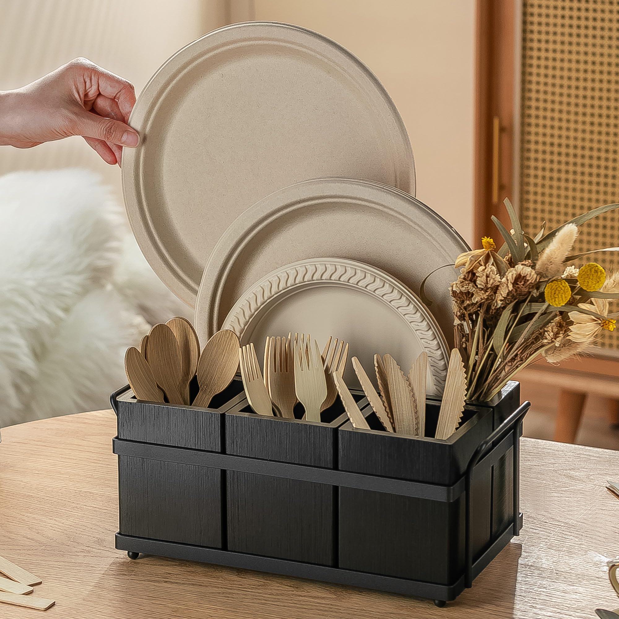 PTSTING paper plate dispenser keeps plates within reach during family meals.