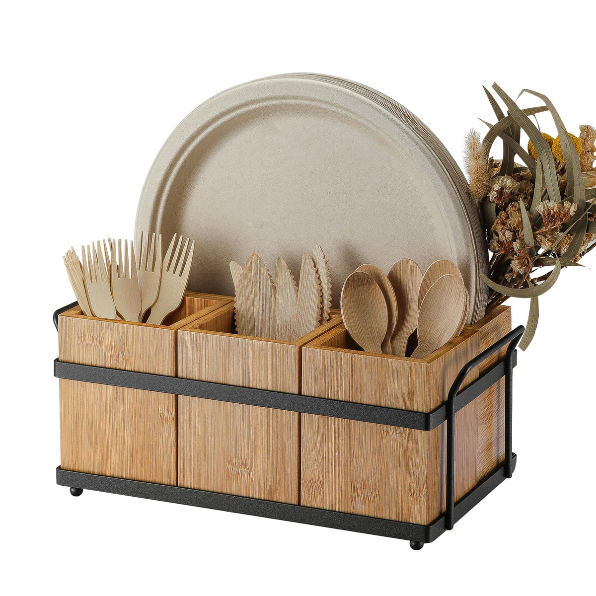PTSTING silverware caddy with wood holder keeps spoons and forks organized for quick access.